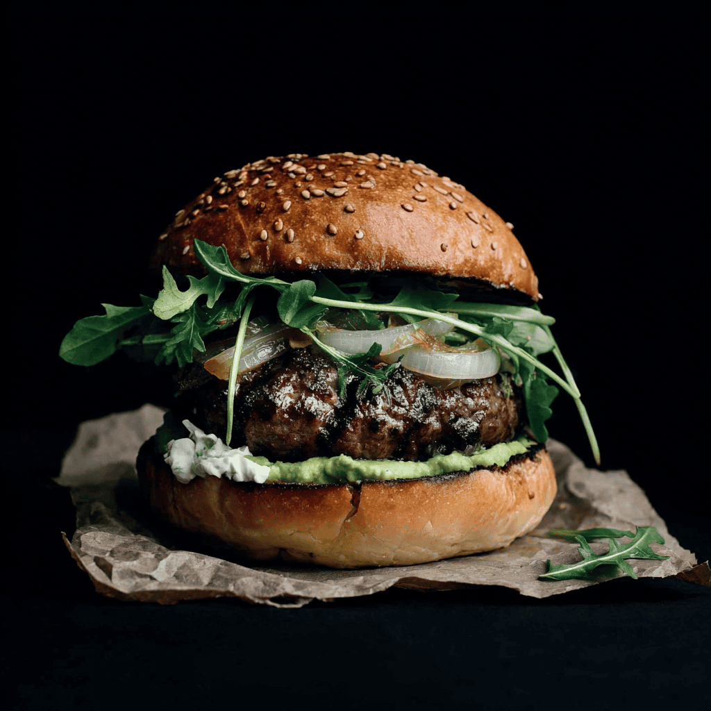 `Burger der Genusswelt Flamme von Gorilla Catering mit gegrilltem Patty, Rucola, geschmorten Zwiebeln und cremiger Sauce im Sesam-Brioche.`
