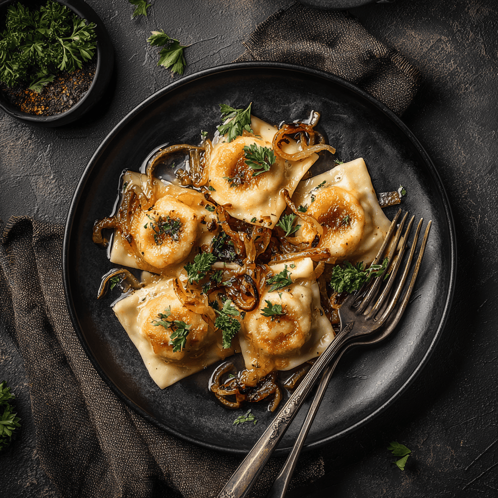 Selbst gemachte Maultaschen der Genusswelt Hütte von Gorilla Catering mit geschmorten Zwiebeln und frischen Kräutern.